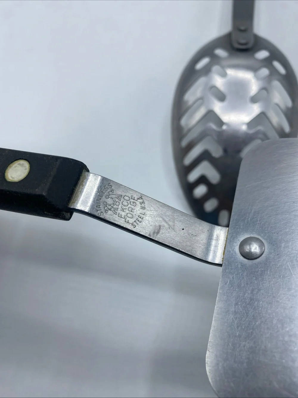 Vintage EKCO Forge Stainless Steel Spatula Flipper & Slotted Spoon Black Handle